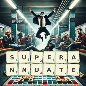 Creative illustration for a Scrabble game with the word SUPERANNUATE spelled out in tiles on the board.