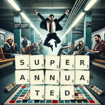 Creative illustration for a Scrabble game with the word SUPERANNUATED spelled out in tiles on the board.