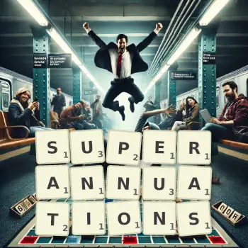 Creative illustration for a Scrabble game with the word SUPERANNUATIONS spelled out in tiles on the board.