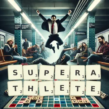 Creative illustration for a Scrabble game with the word SUPERATHLETE spelled out in tiles on the board.