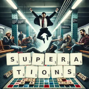 Creative illustration for a Scrabble game with the word SUPERATIONS spelled out in tiles on the board.