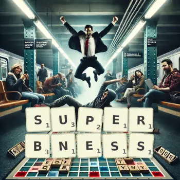 Creative illustration for a Scrabble game with the word SUPERBNESS spelled out in tiles on the board.