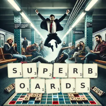 Creative illustration for a Scrabble game with the word SUPERBOARDS spelled out in tiles on the board.