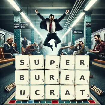 Creative illustration for a Scrabble game with the word SUPERBUREAUCRAT spelled out in tiles on the board.