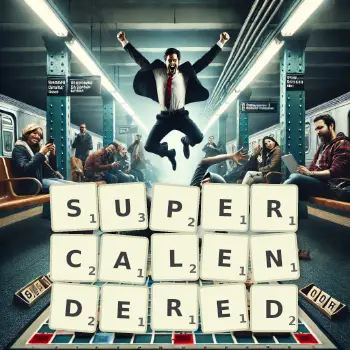 Creative illustration for a Scrabble game with the word SUPERCALENDERED spelled out in tiles on the board.