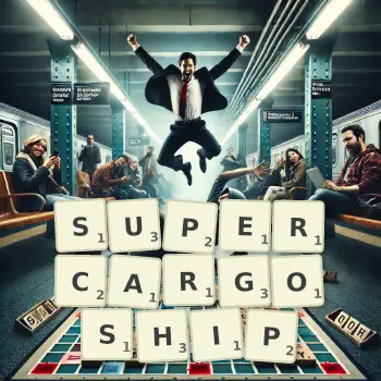Creative illustration for a Scrabble game with the word SUPERCARGOSHIP spelled out in tiles on the board.