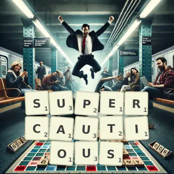Creative illustration for a Scrabble game with the word SUPERCAUTIOUS spelled out in tiles on the board.