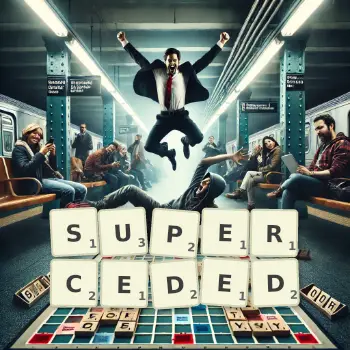 Creative illustration for a Scrabble game with the word SUPERCEDED spelled out in tiles on the board.