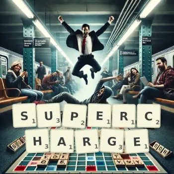 Creative illustration for a Scrabble game with the word SUPERCHARGE spelled out in tiles on the board.