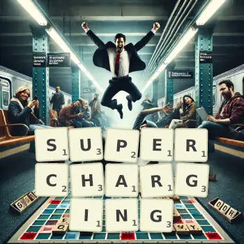 Creative illustration for a Scrabble game with the word SUPERCHARGING spelled out in tiles on the board.
