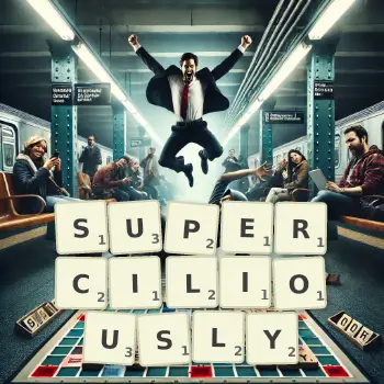 Creative illustration for a Scrabble game with the word SUPERCILIOUSLY spelled out in tiles on the board.