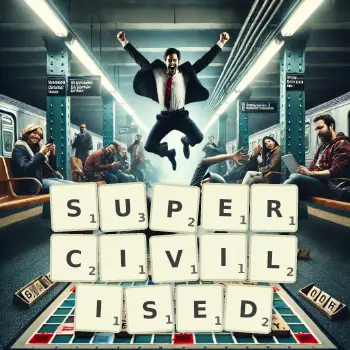 Creative illustration for a Scrabble game with the word SUPERCIVILISED spelled out in tiles on the board.