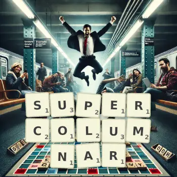 Creative illustration for a Scrabble game with the word SUPERCOLUMNAR spelled out in tiles on the board.