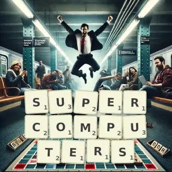 Creative illustration for a Scrabble game with the word SUPERCOMPUTERS spelled out in tiles on the board.
