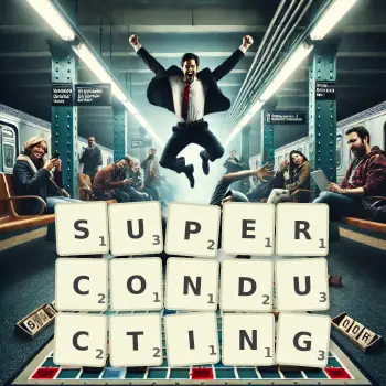 Creative illustration for a Scrabble game with the word SUPERCONDUCTING spelled out in tiles on the board.