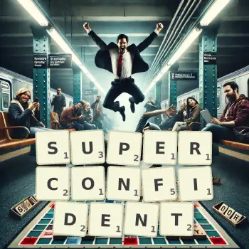 Creative illustration for a Scrabble game with the word SUPERCONFIDENT spelled out in tiles on the board.