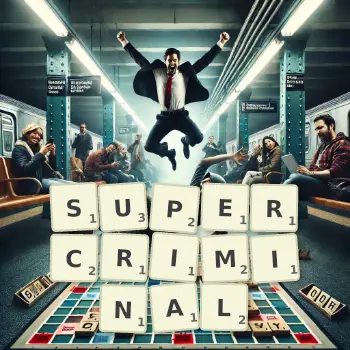 Creative illustration for a Scrabble game with the word SUPERCRIMINAL spelled out in tiles on the board.