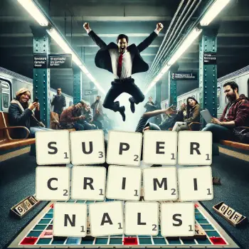 Creative illustration for a Scrabble game with the word SUPERCRIMINALS spelled out in tiles on the board.