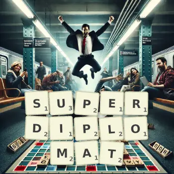 Creative illustration for a Scrabble game with the word SUPERDIPLOMAT spelled out in tiles on the board.