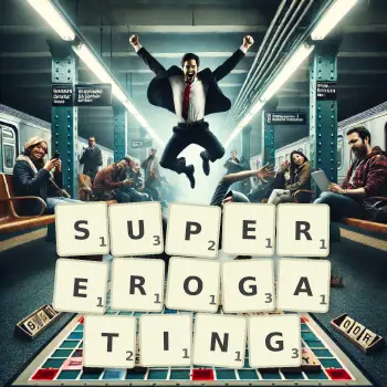 Creative illustration for a Scrabble game with the word SUPEREROGATING spelled out in tiles on the board.