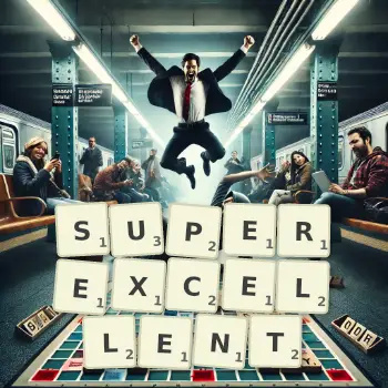 Creative illustration for a Scrabble game with the word SUPEREXCELLENT spelled out in tiles on the board.