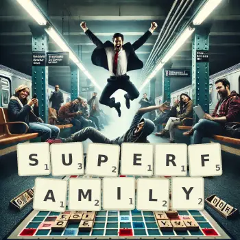 Creative illustration for a Scrabble game with the word SUPERFAMILY spelled out in tiles on the board.