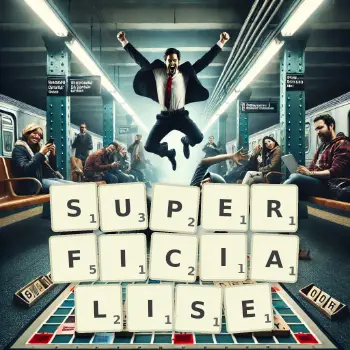 Creative illustration for a Scrabble game with the word SUPERFICIALISE spelled out in tiles on the board.
