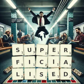 Creative illustration for a Scrabble game with the word SUPERFICIALISED spelled out in tiles on the board.