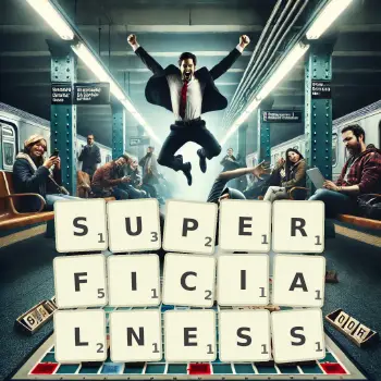 Creative illustration for a Scrabble game with the word SUPERFICIALNESS spelled out in tiles on the board.