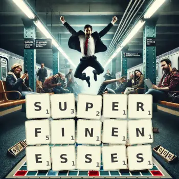 Creative illustration for a Scrabble game with the word SUPERFINENESSES spelled out in tiles on the board.