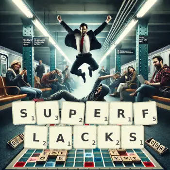 Creative illustration for a Scrabble game with the word SUPERFLACKS spelled out in tiles on the board.