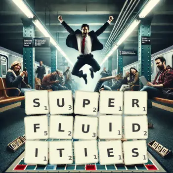 Creative illustration for a Scrabble game with the word SUPERFLUIDITIES spelled out in tiles on the board.