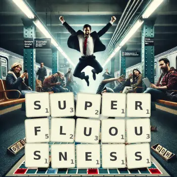 Creative illustration for a Scrabble game with the word SUPERFLUOUSNESS spelled out in tiles on the board.