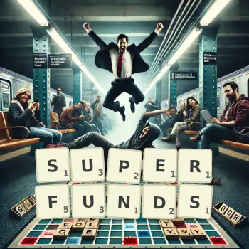 Creative illustration for a Scrabble game with the word SUPERFUNDS spelled out in tiles on the board.