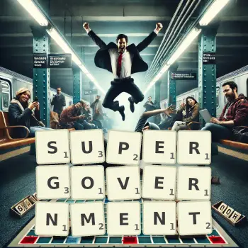 Creative illustration for a Scrabble game with the word SUPERGOVERNMENT spelled out in tiles on the board.