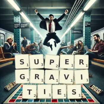 Creative illustration for a Scrabble game with the word SUPERGRAVITIES spelled out in tiles on the board.