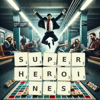 Creative illustration for a Scrabble game with the word SUPERHEROINES spelled out in tiles on the board.