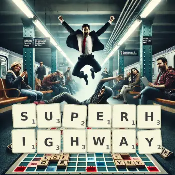 Creative illustration for a Scrabble game with the word SUPERHIGHWAY spelled out in tiles on the board.