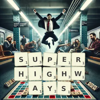 Creative illustration for a Scrabble game with the word SUPERHIGHWAYS spelled out in tiles on the board.