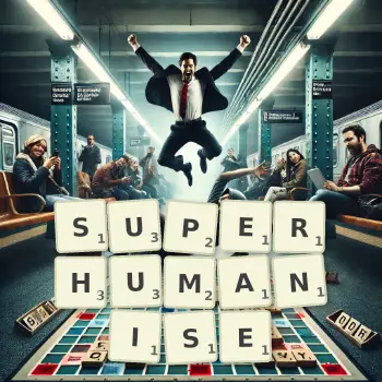 Creative illustration for a Scrabble game with the word SUPERHUMANISE spelled out in tiles on the board.