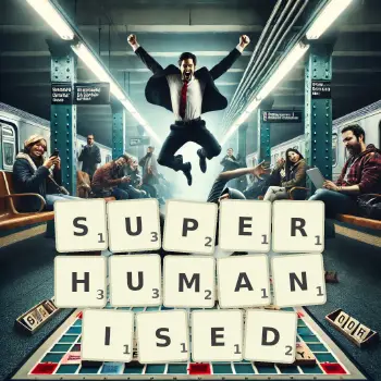 Creative illustration for a Scrabble game with the word SUPERHUMANISED spelled out in tiles on the board.