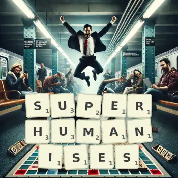 Creative illustration for a Scrabble game with the word SUPERHUMANISES spelled out in tiles on the board.
