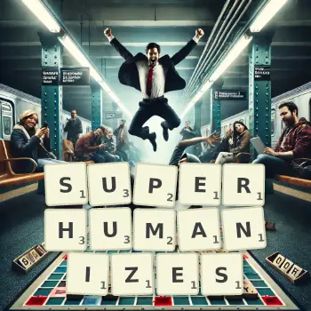 Creative illustration for a Scrabble game with the word SUPERHUMANIZES spelled out in tiles on the board.