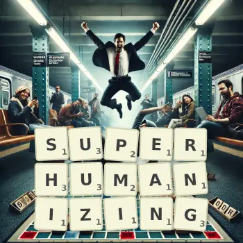 Creative illustration for a Scrabble game with the word SUPERHUMANIZING spelled out in tiles on the board.