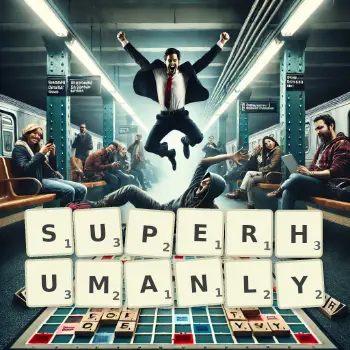Creative illustration for a Scrabble game with the word SUPERHUMANLY spelled out in tiles on the board.