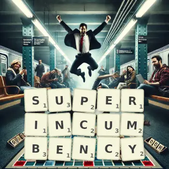 Creative illustration for a Scrabble game with the word SUPERINCUMBENCY spelled out in tiles on the board.