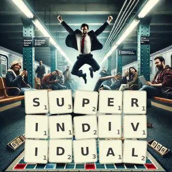 Creative illustration for a Scrabble game with the word SUPERINDIVIDUAL spelled out in tiles on the board.