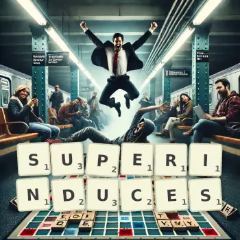 Creative illustration for a Scrabble game with the word SUPERINDUCES spelled out in tiles on the board.