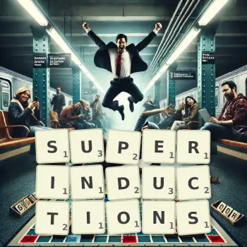 Creative illustration for a Scrabble game with the word SUPERINDUCTIONS spelled out in tiles on the board.
