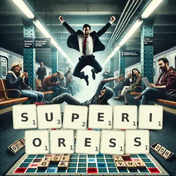 Creative illustration for a Scrabble game with the word SUPERIORESS spelled out in tiles on the board.